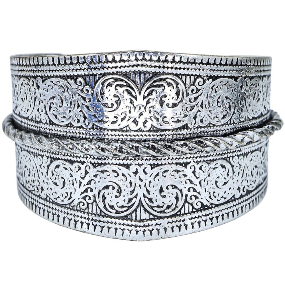 Tribal Style Surfina Surf The Waves Ornate Silver Tone Cuff Bracelet Excellent
